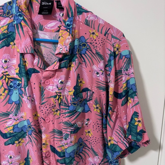 Disney Stitch men’s Coral Pink Tropical floral Print Men's button down Shirt L - Picture 3 of 9